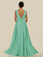 KissDress-Daryel Turquoise A Line Chiffon V Neck Pleated Long Bridesmaid Dress