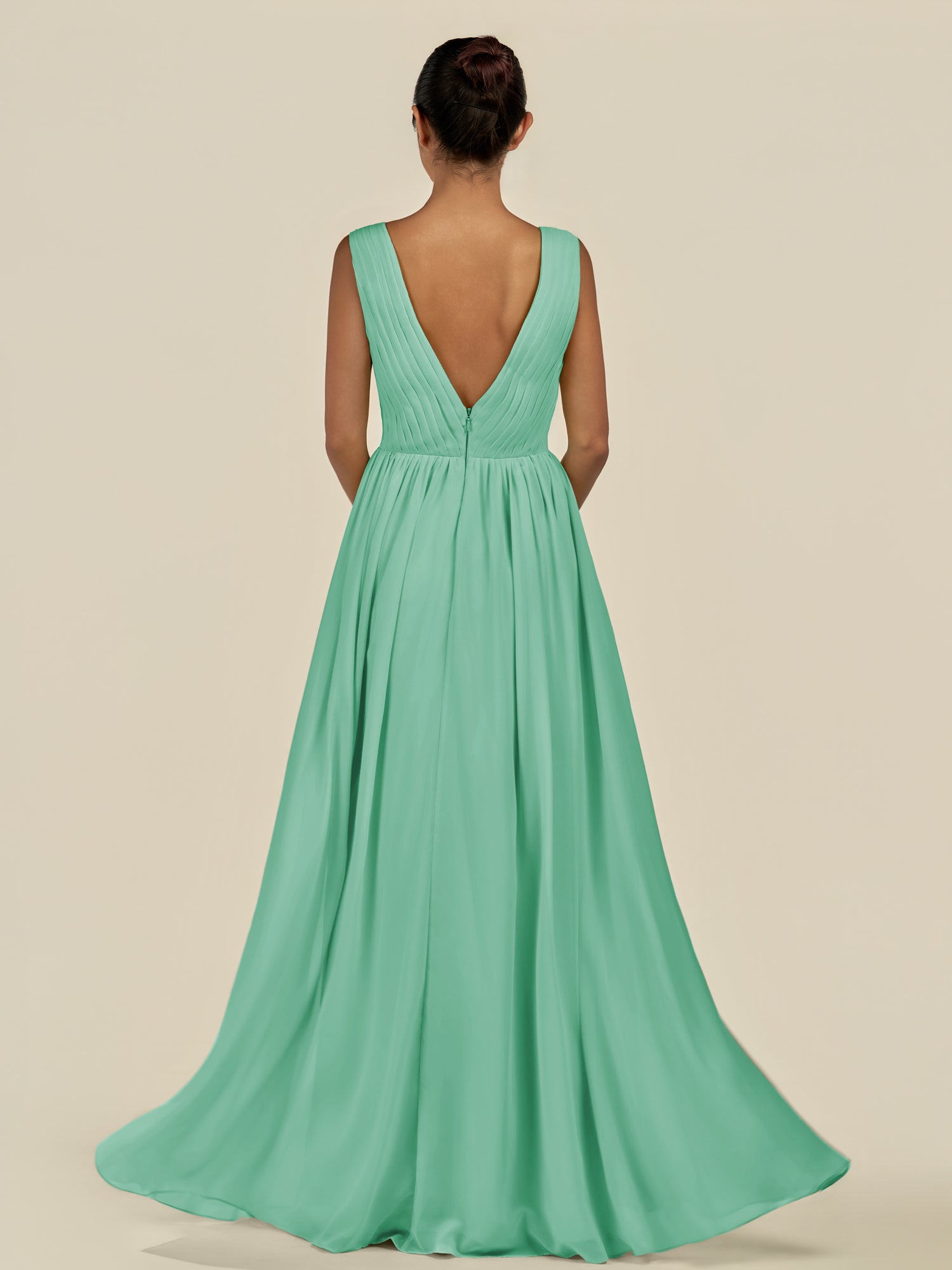 KissDress-Daryel Turquoise A Line Chiffon V Neck Pleated Long Bridesmaid Dress