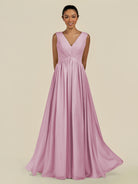 KissDress-Daryel Vintage Mauve A Line Chiffon V Neck Pleated Long Bridesmaid Dress