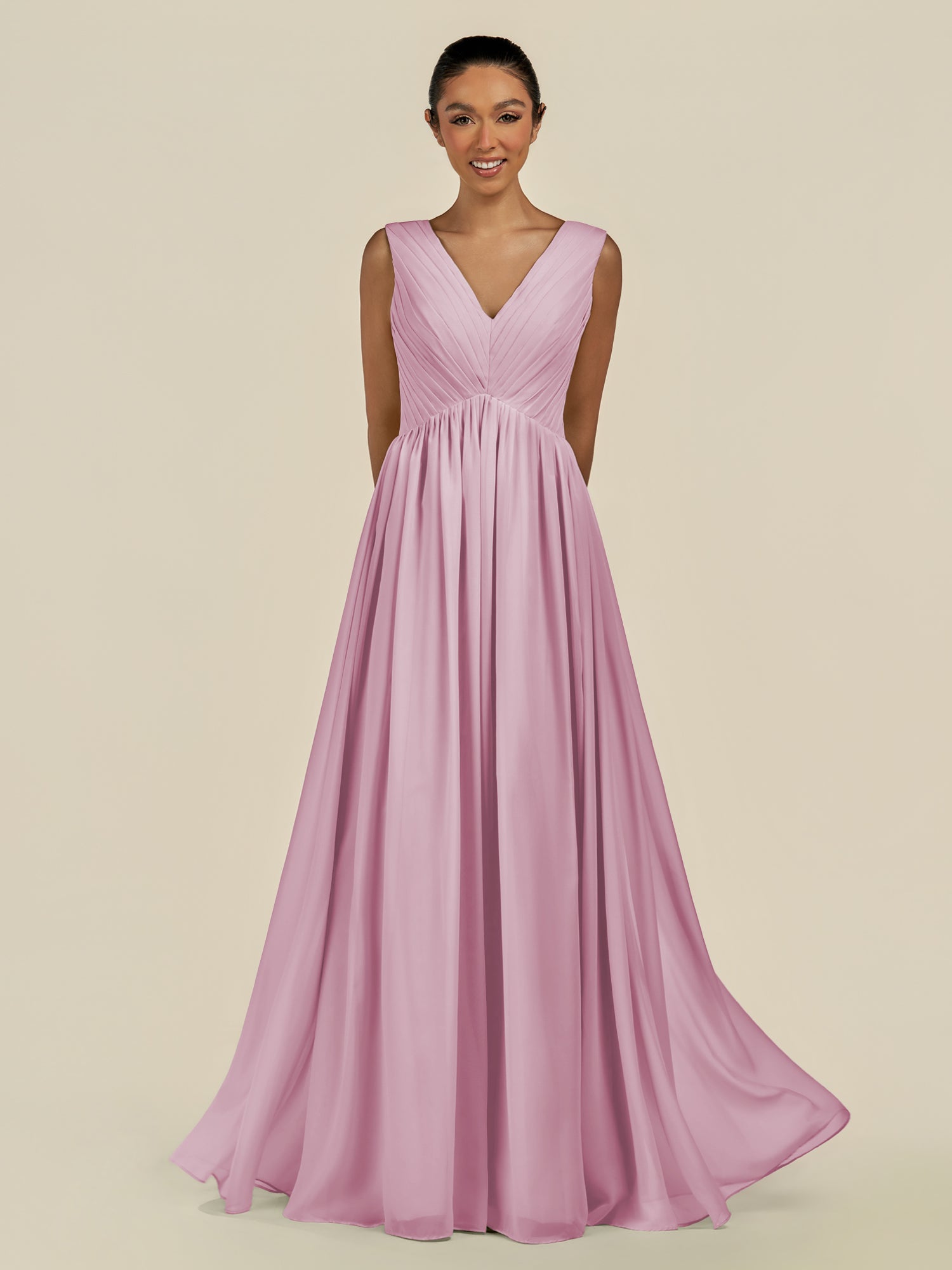 KissDress-Daryel Vintage Mauve A Line Chiffon V Neck Pleated Long Bridesmaid Dress