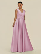 KissDress-Daryel Vintage Mauve A Line Chiffon V Neck Pleated Long Bridesmaid Dress