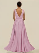 KissDress-Daryel Vintage Mauve A Line Chiffon V Neck Pleated Long Bridesmaid Dress
