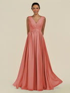 KissDress-Daryel Wild Rose A Line Chiffon V Neck Pleated Long Bridesmaid Dress