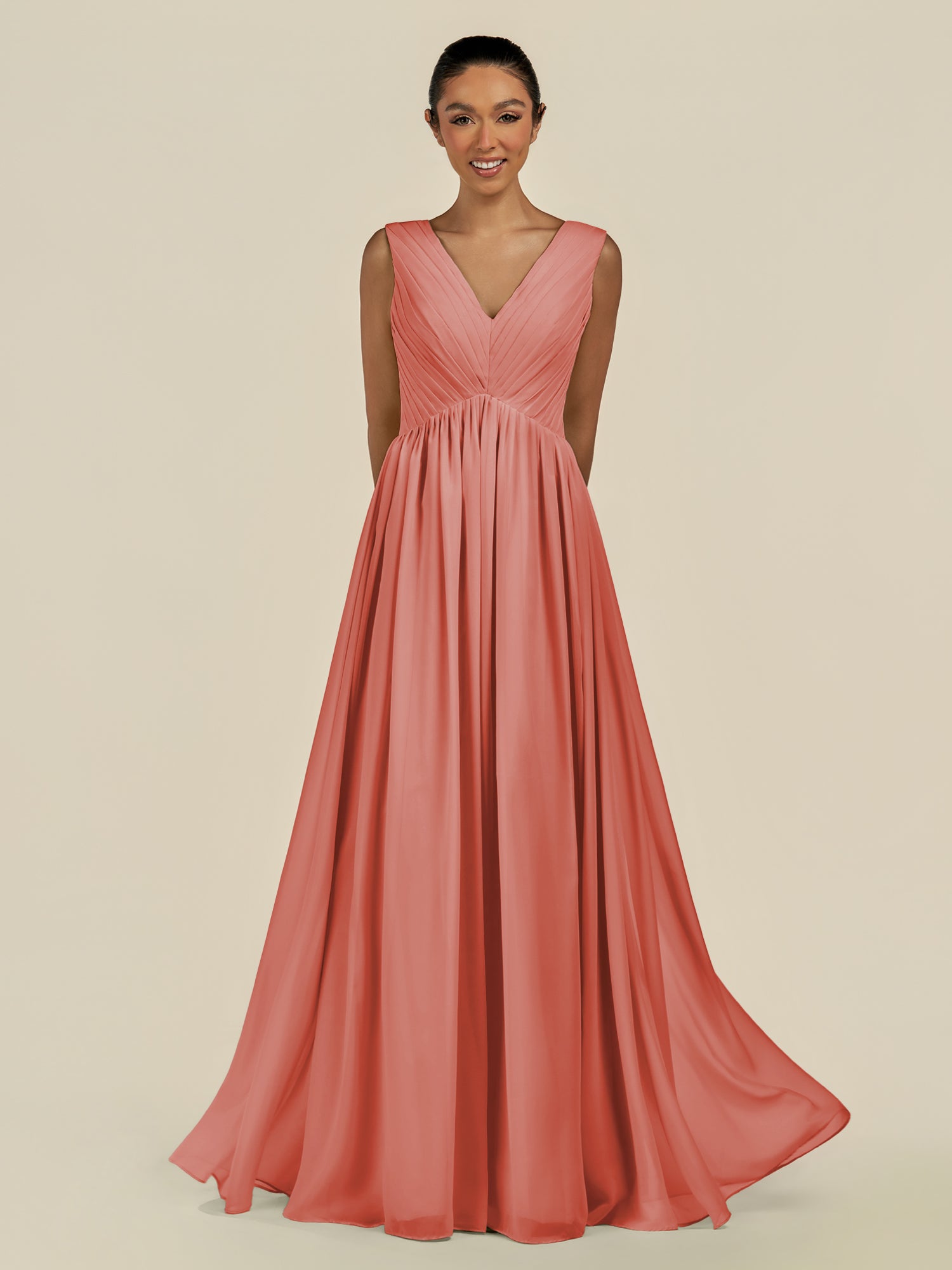 KissDress-Daryel Wild Rose A Line Chiffon V Neck Pleated Long Bridesmaid Dress