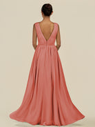 KissDress-Daryel Wild Rose A Line Chiffon V Neck Pleated Long Bridesmaid Dress