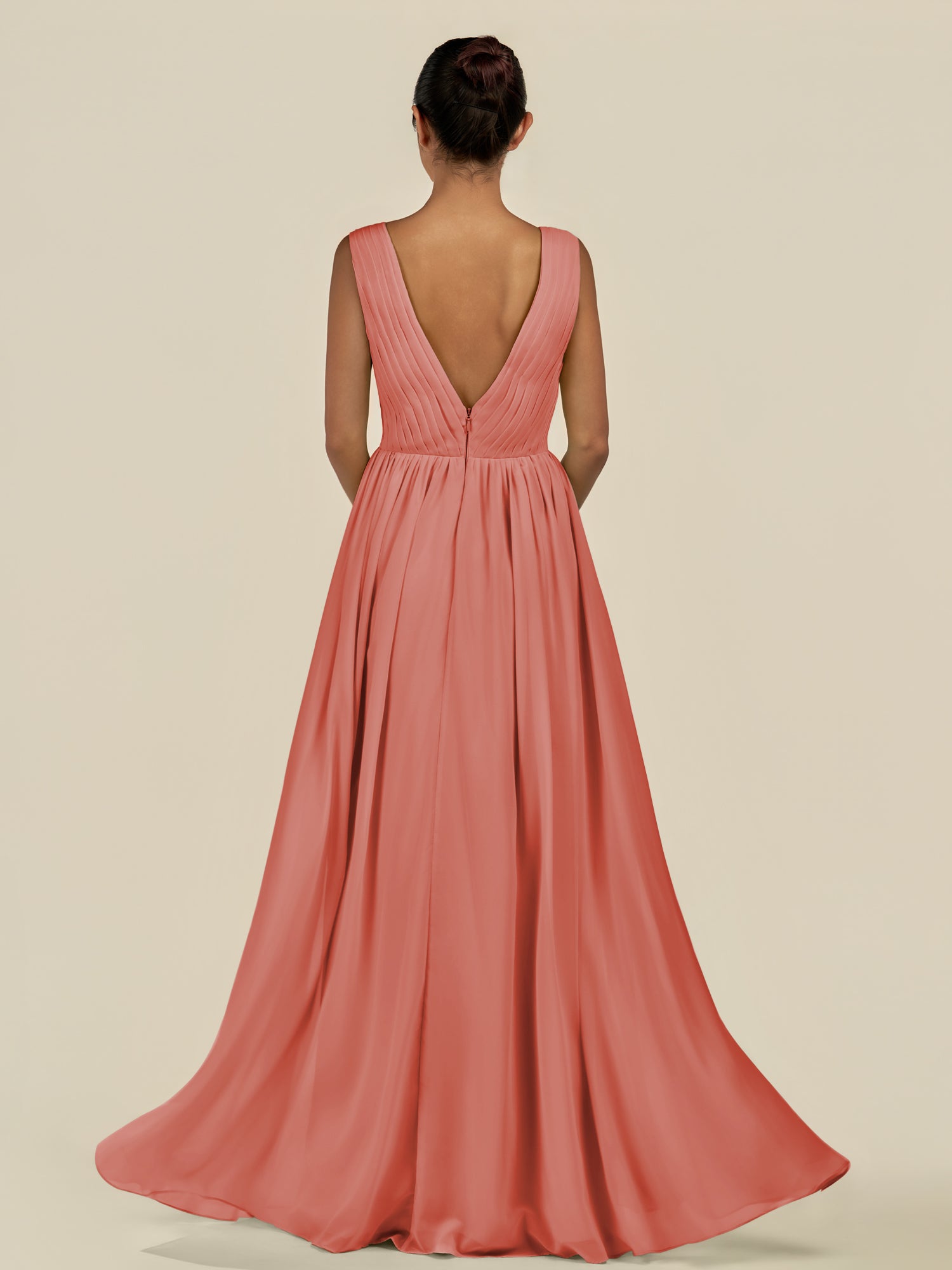 KissDress-Daryel Wild Rose A Line Chiffon V Neck Pleated Long Bridesmaid Dress