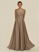 KissDress-Daryel Willow Green A Line Chiffon V Neck Pleated Long Bridesmaid Dress