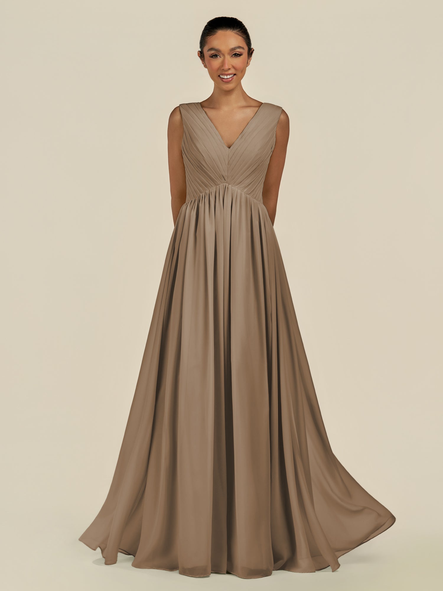 KissDress-Daryel Willow Green A Line Chiffon V Neck Pleated Long Bridesmaid Dress