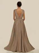 KissDress-Daryel Willow Green A Line Chiffon V Neck Pleated Long Bridesmaid Dress