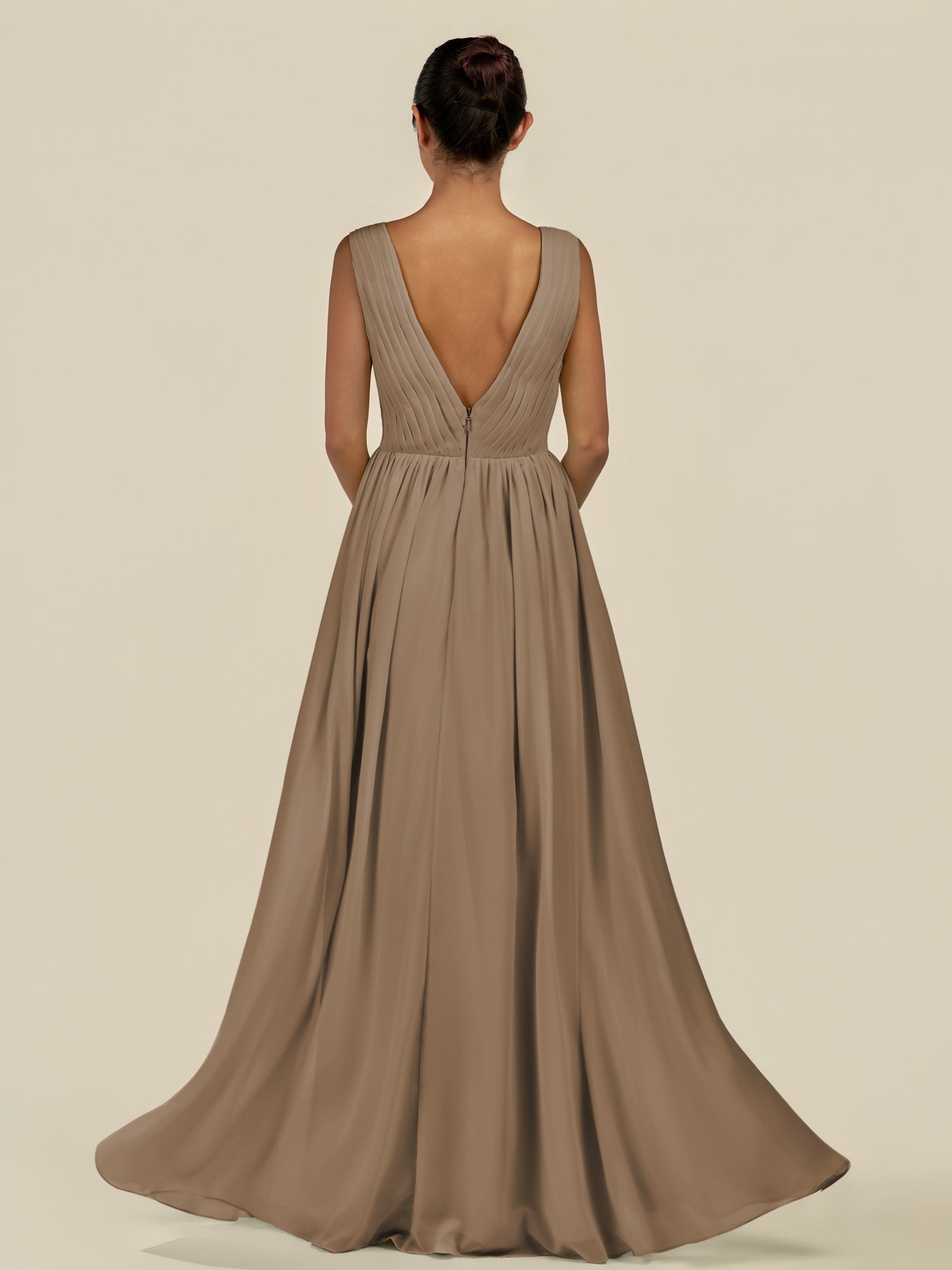 KissDress-Daryel Willow Green A Line Chiffon V Neck Pleated Long Bridesmaid Dress