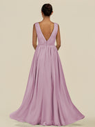 KissDress-Daryel Wisteria A Line Chiffon V Neck Pleated Long Bridesmaid Dress
