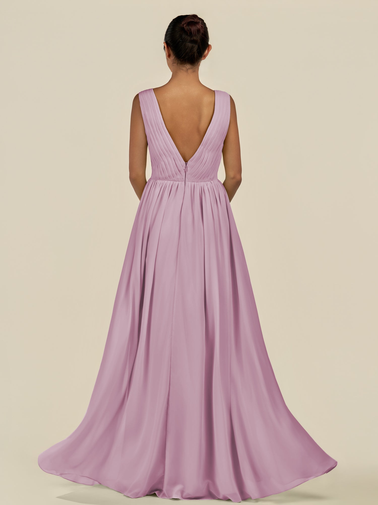 KissDress-Daryel Wisteria A Line Chiffon V Neck Pleated Long Bridesmaid Dress