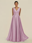 KissDress-Daryel Wisteria A Line Chiffon V Neck Pleated Long Bridesmaid Dress