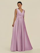 KissDress-Daryel Wisteria A Line Chiffon V Neck Pleated Long Bridesmaid Dress