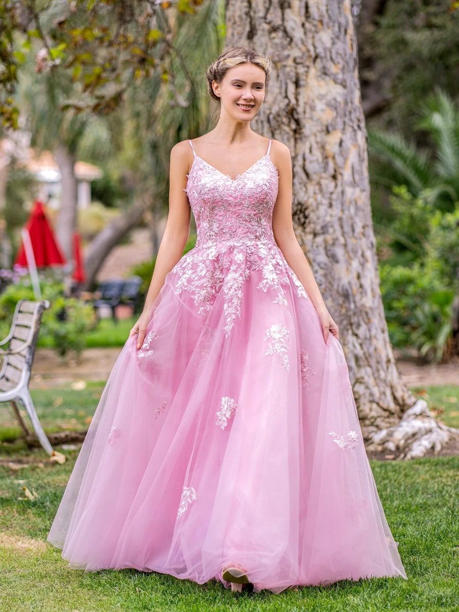 Deep V-Neck Applique Lace Floor Length Tulle Prom Dress KissDress Deep V-Neck Applique Lace Floor Length Tulle Prom Dress KissDress