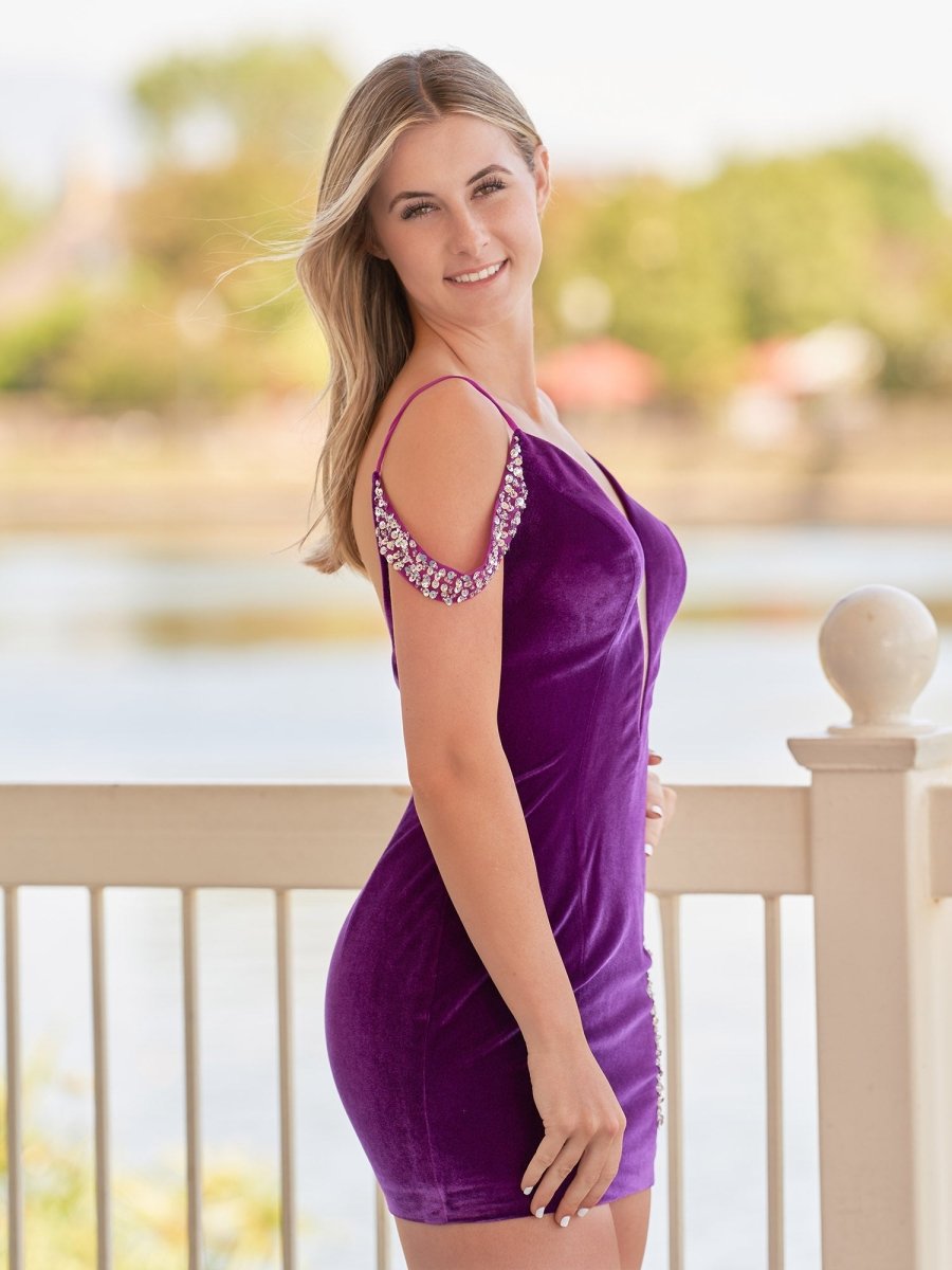 Delilah | Bodycon Velvet Deep V - Neck illusion Purple Beaded Homecoming Dress - KissProm