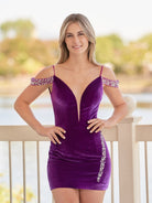 Delilah | Bodycon Velvet Deep V - Neck illusion Purple Beaded Homecoming Dress - KissProm