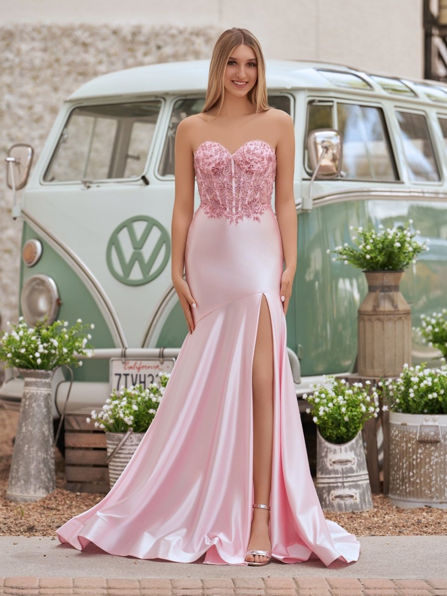 Donya | Mermaid Sweetheart Lace Satin Black Prom Dress with Slit - KissProm
