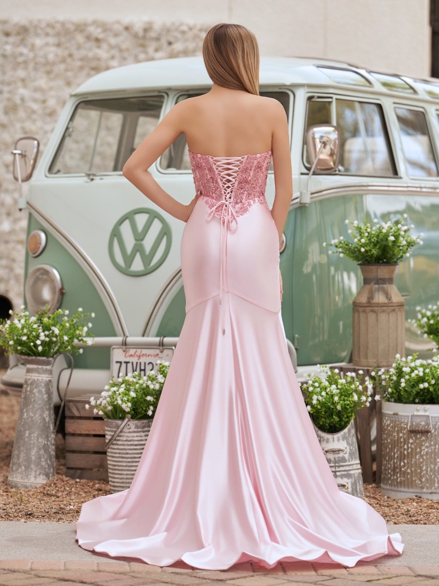 Donya | Mermaid Sweetheart Lace Satin Black Prom Dress with Slit - KissProm