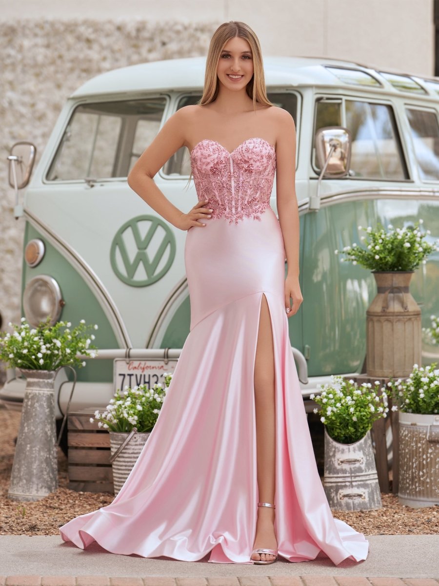 Donya | Mermaid Sweetheart Lace Satin Black Prom Dress with Slit - KissProm