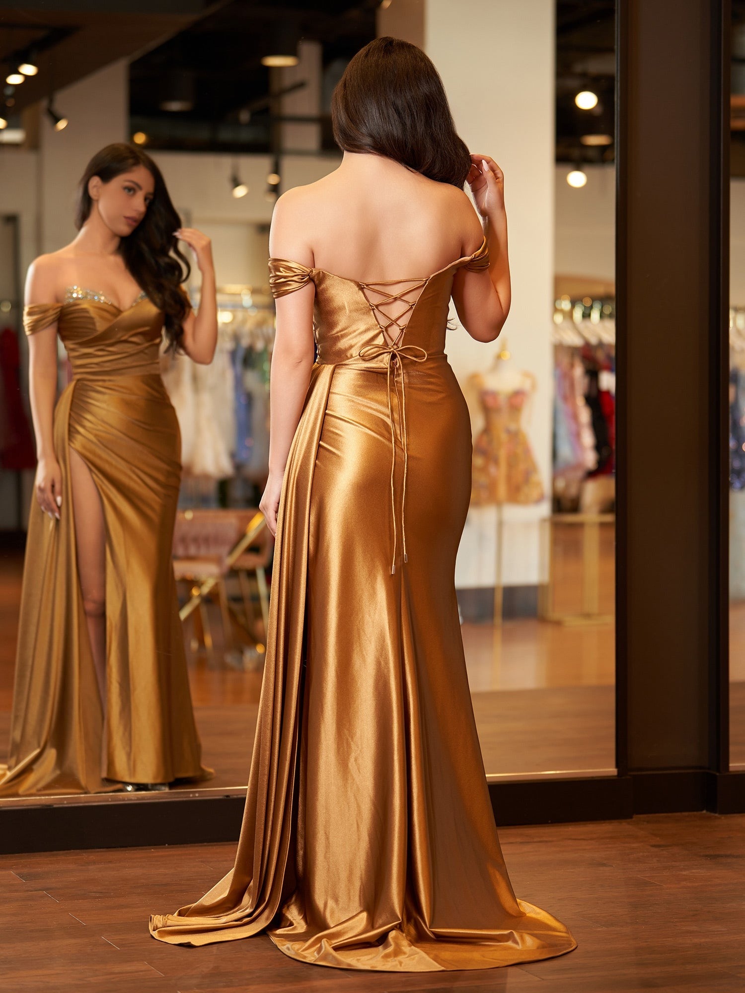 Dusty Blue Off The Shoulder Mermaid Satin Long Prom Dress With Slit