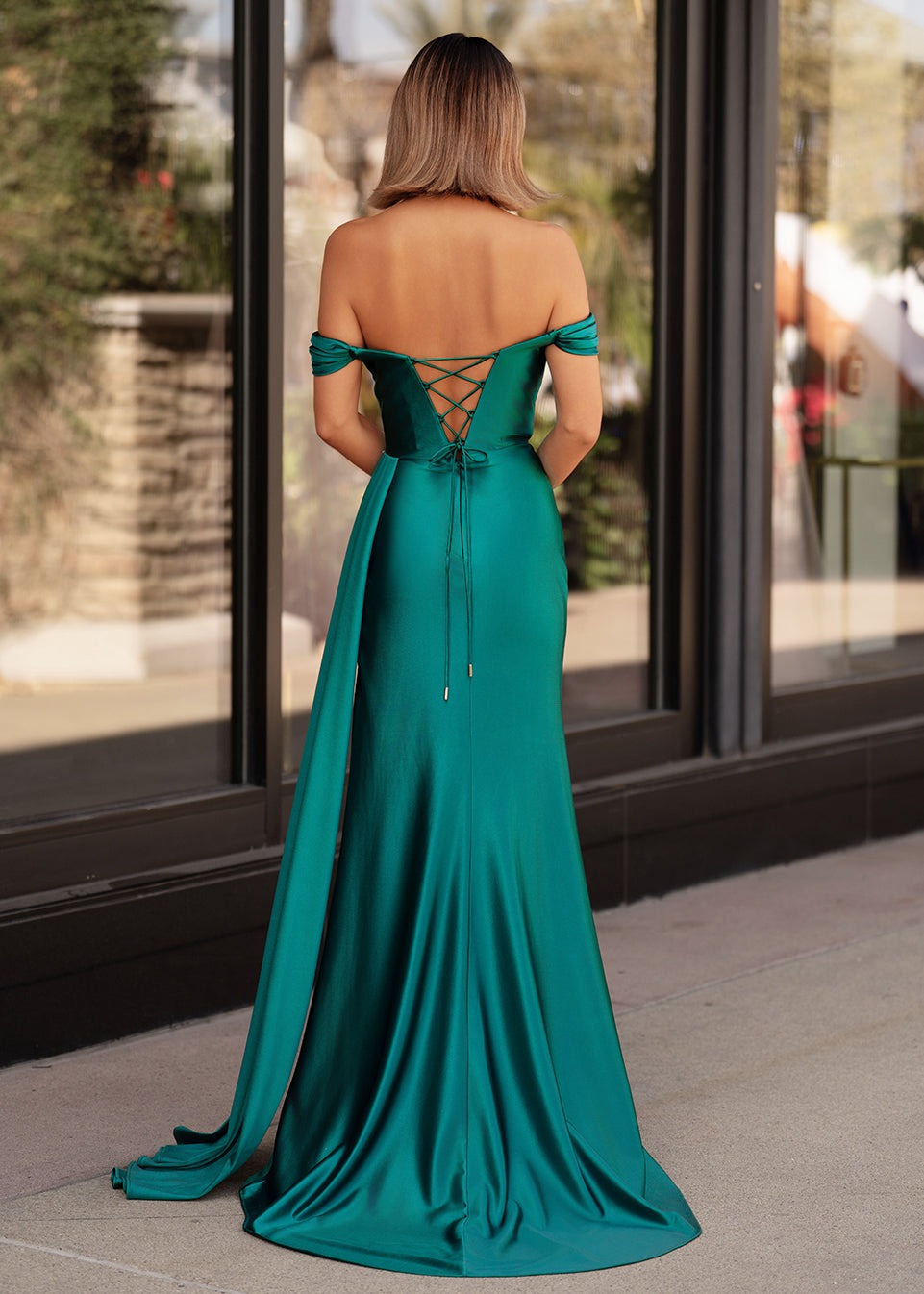 Dusty Blue Off The Shoulder Mermaid Satin Long Prom Dress With Slit
