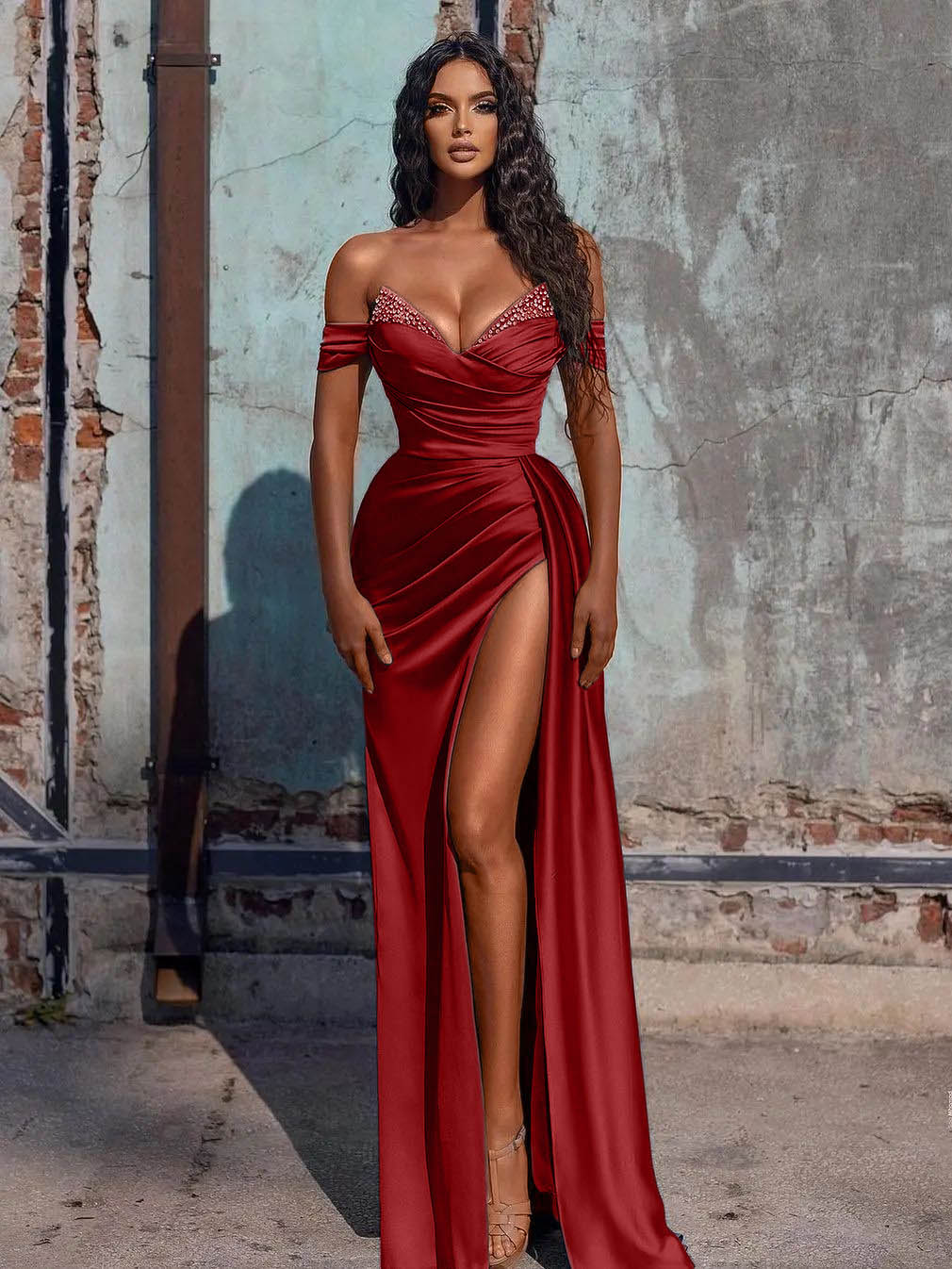 Dusty Blue Off The Shoulder Mermaid Satin Long Prom Dress With Slit