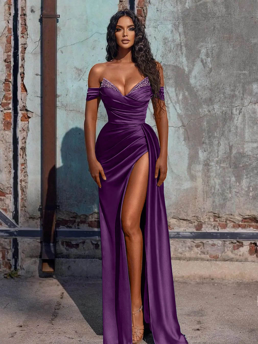 Dusty Blue Off The Shoulder Mermaid Satin Long Prom Dress With Slit