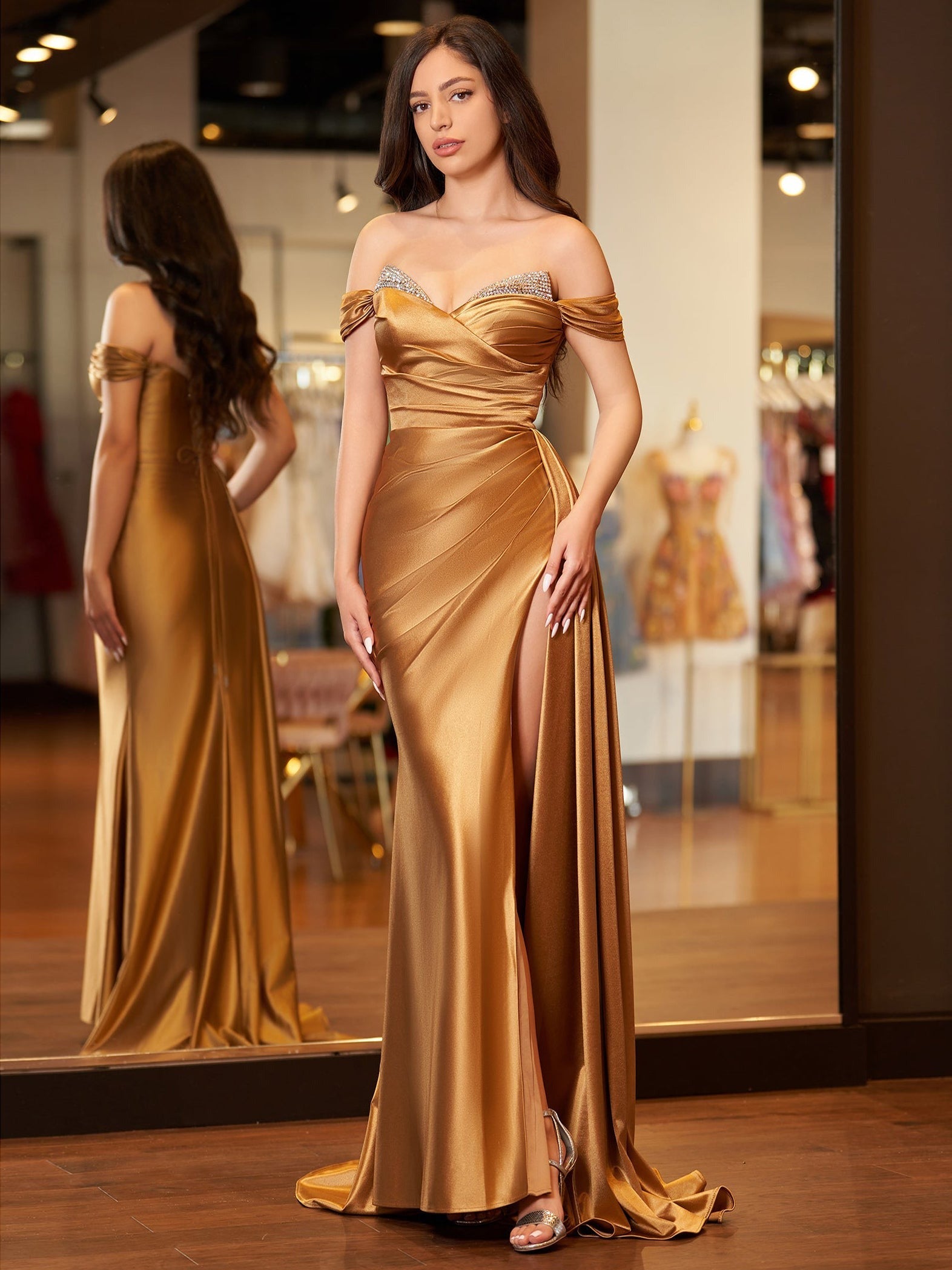 Dusty Blue Off The Shoulder Mermaid Satin Long Prom Dress With Slit