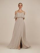 KissDress-Eira Almond A Line Chiffon Off the Shoulder Ruffled Overlay Long Bridesmaid Dress with Slit