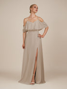 KissDress-Eira Almond A Line Chiffon Off the Shoulder Ruffled Overlay Long Bridesmaid Dress with Slit