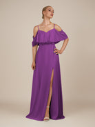 KissDress-Eira Amethyst A Line Chiffon Off the Shoulder Ruffled Overlay Long Bridesmaid Dress with Slit