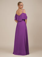 KissDress-Eira Amethyst A Line Chiffon Off the Shoulder Ruffled Overlay Long Bridesmaid Dress with Slit