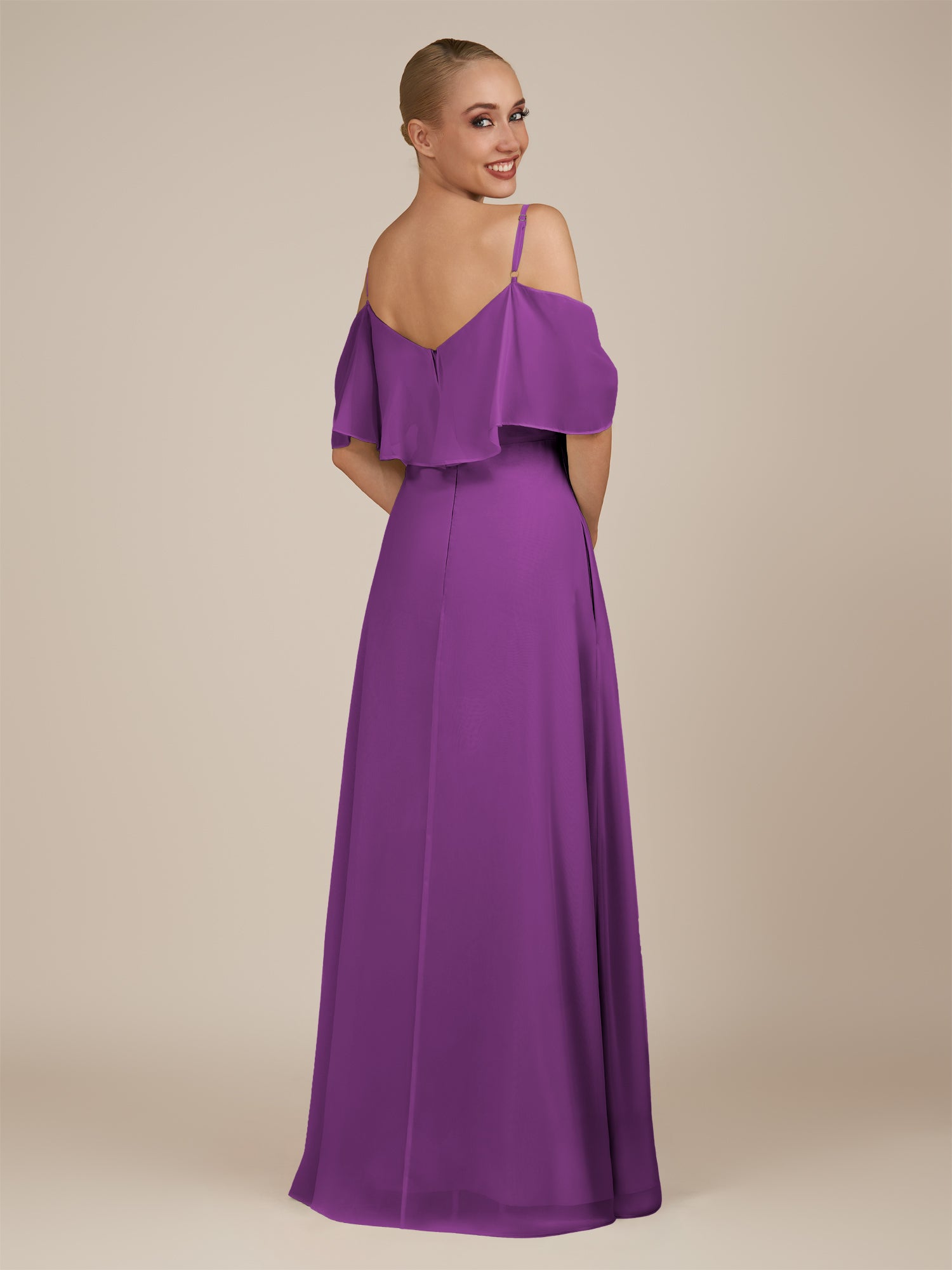KissDress-Eira Amethyst A Line Chiffon Off the Shoulder Ruffled Overlay Long Bridesmaid Dress with Slit