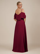KissDress-Eira Berry A Line Chiffon Off the Shoulder Ruffled Overlay Long Bridesmaid Dress with Slit