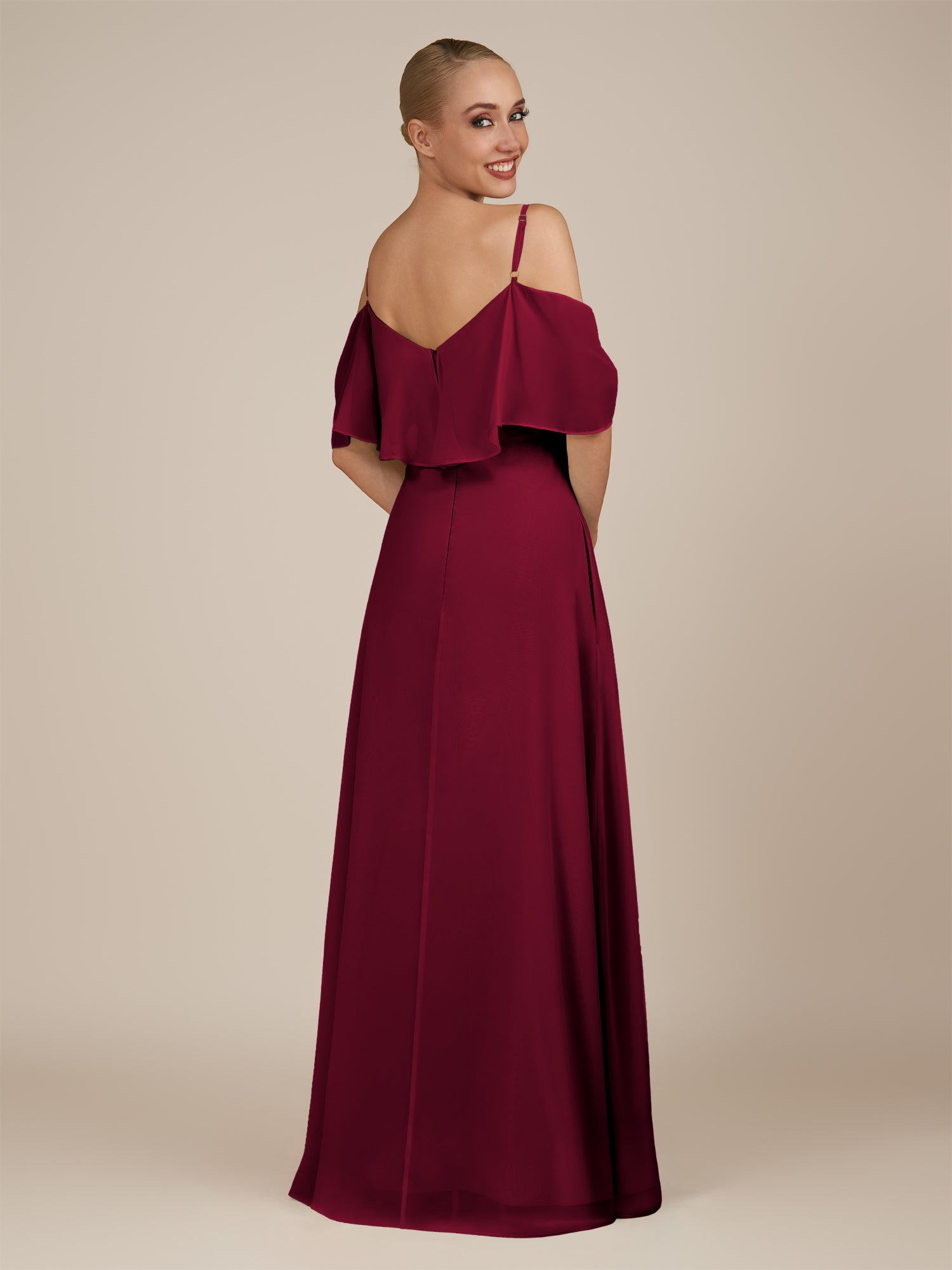 KissDress-Eira Berry A Line Chiffon Off the Shoulder Ruffled Overlay Long Bridesmaid Dress with Slit