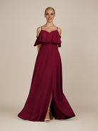 KissDress-Eira Berry A Line Chiffon Off the Shoulder Ruffled Overlay Long Bridesmaid Dress with Slit