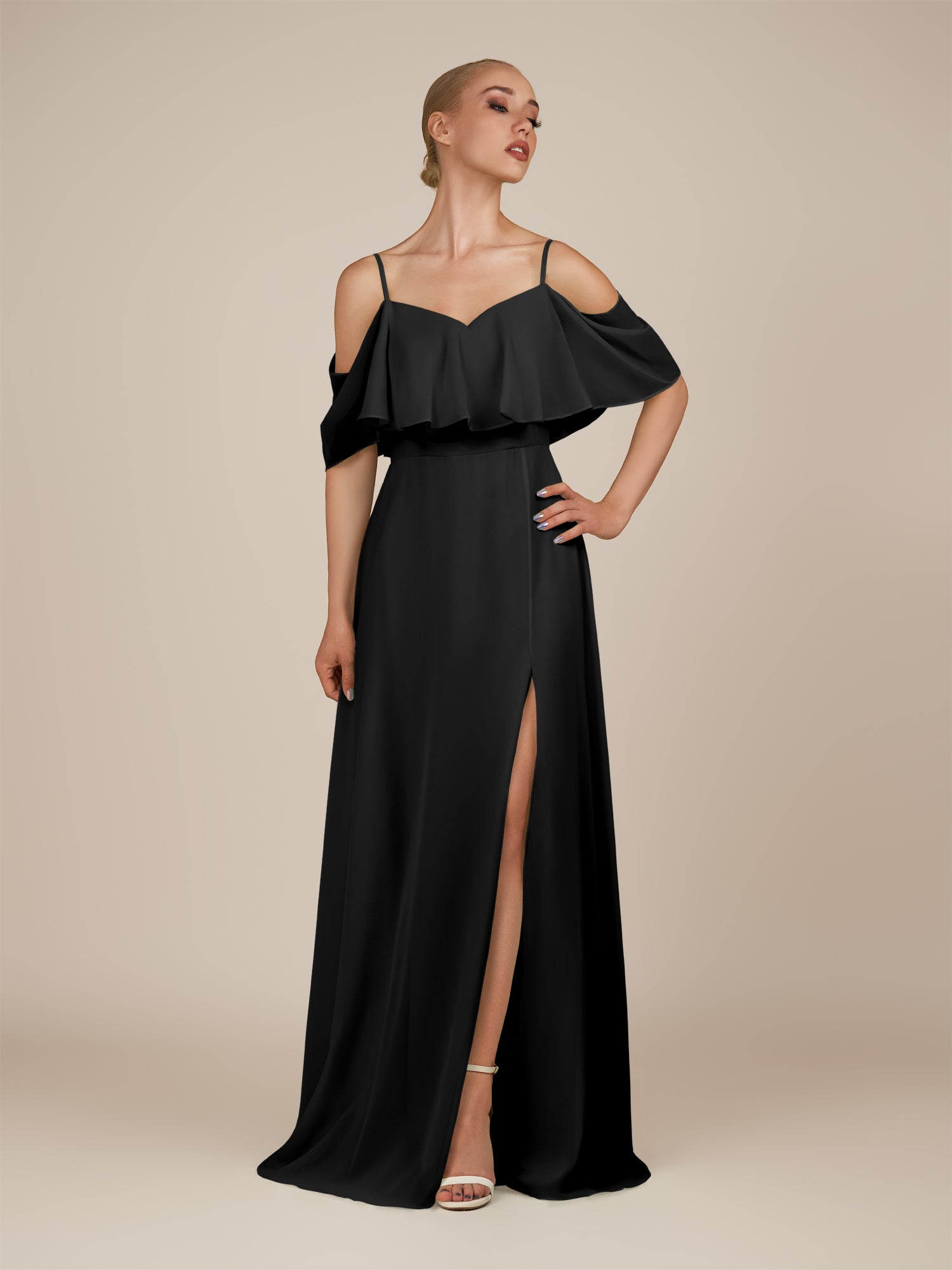 KissDress-Eira Black A Line Chiffon Off the Shoulder Ruffled Overlay Long Bridesmaid Dress with Slit