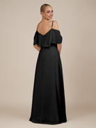 KissDress-Eira Black A Line Chiffon Off the Shoulder Ruffled Overlay Long Bridesmaid Dress with Slit