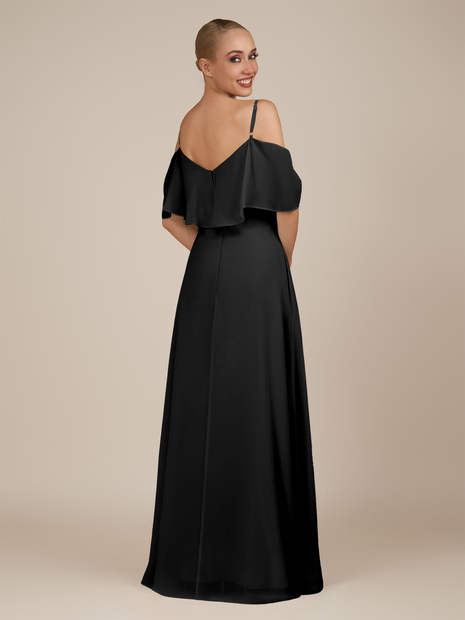 KissDress-Eira Black A Line Chiffon Off the Shoulder Ruffled Overlay Long Bridesmaid Dress with Slit