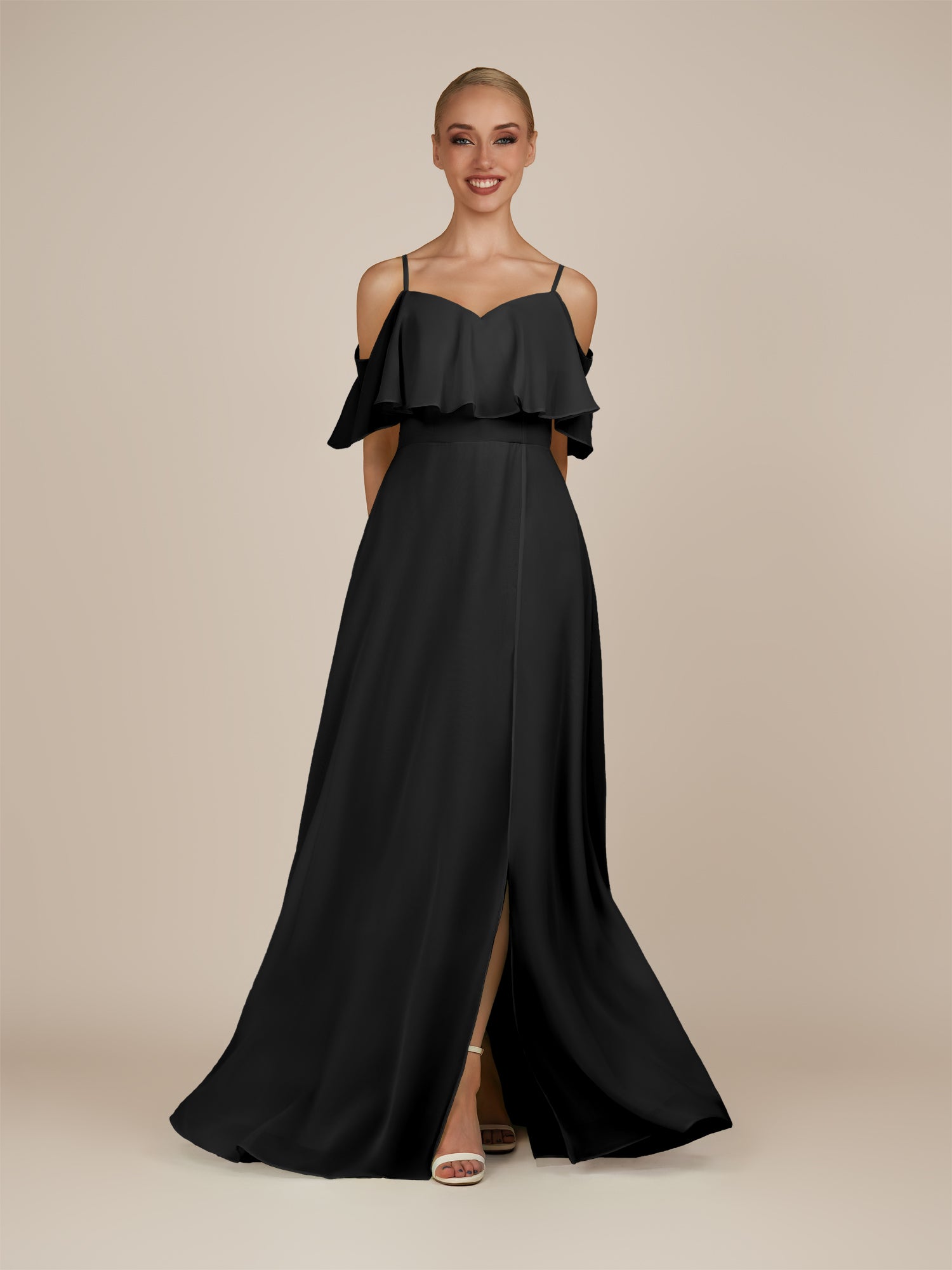 KissDress-Eira Black A Line Chiffon Off the Shoulder Ruffled Overlay Long Bridesmaid Dress with Slit