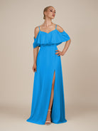 KissDress-Eira Blue Jay A Line Chiffon Off the Shoulder Ruffled Overlay Long Bridesmaid Dress with Slit