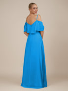 KissDress-Eira Blue Jay A Line Chiffon Off the Shoulder Ruffled Overlay Long Bridesmaid Dress with Slit