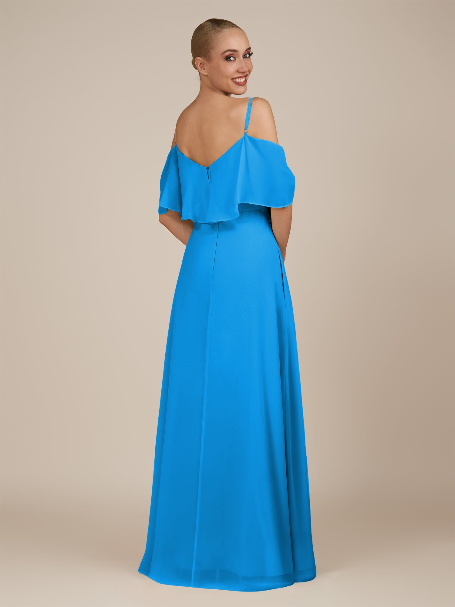 KissDress-Eira Blue Jay A Line Chiffon Off the Shoulder Ruffled Overlay Long Bridesmaid Dress with Slit