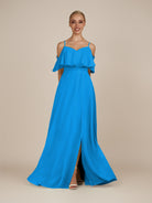 KissDress-Eira Blue Jay A Line Chiffon Off the Shoulder Ruffled Overlay Long Bridesmaid Dress with Slit