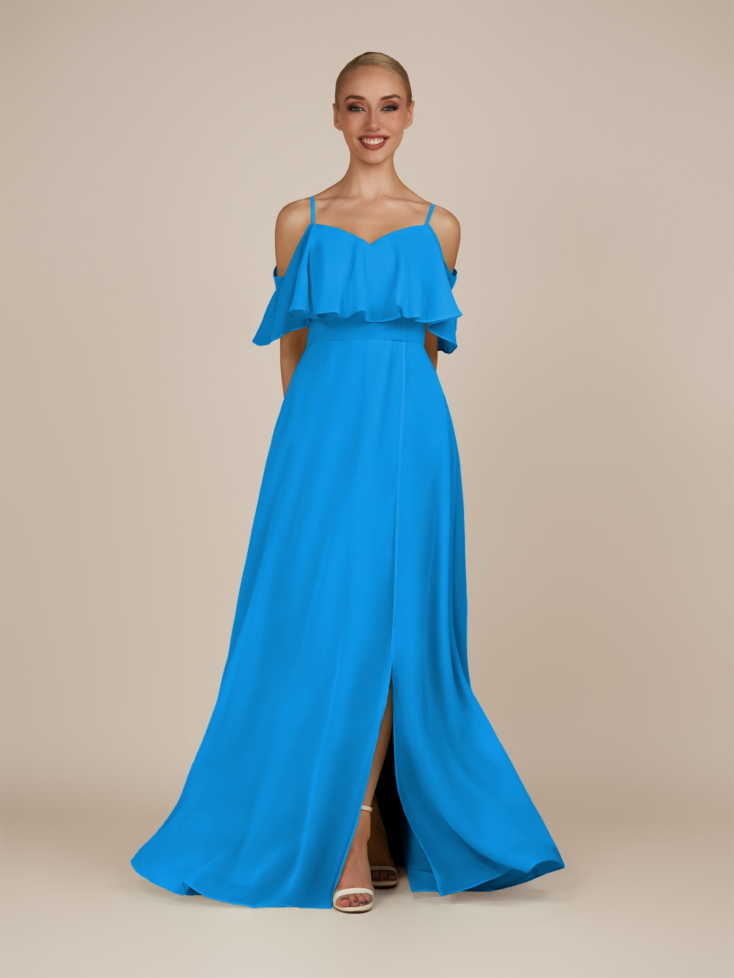 KissDress-Eira Blue Jay A Line Chiffon Off the Shoulder Ruffled Overlay Long Bridesmaid Dress with Slit