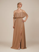 KissDress-Eira Bronzer A Line Chiffon Off the Shoulder Ruffled Overlay Long Bridesmaid Dress with Slit