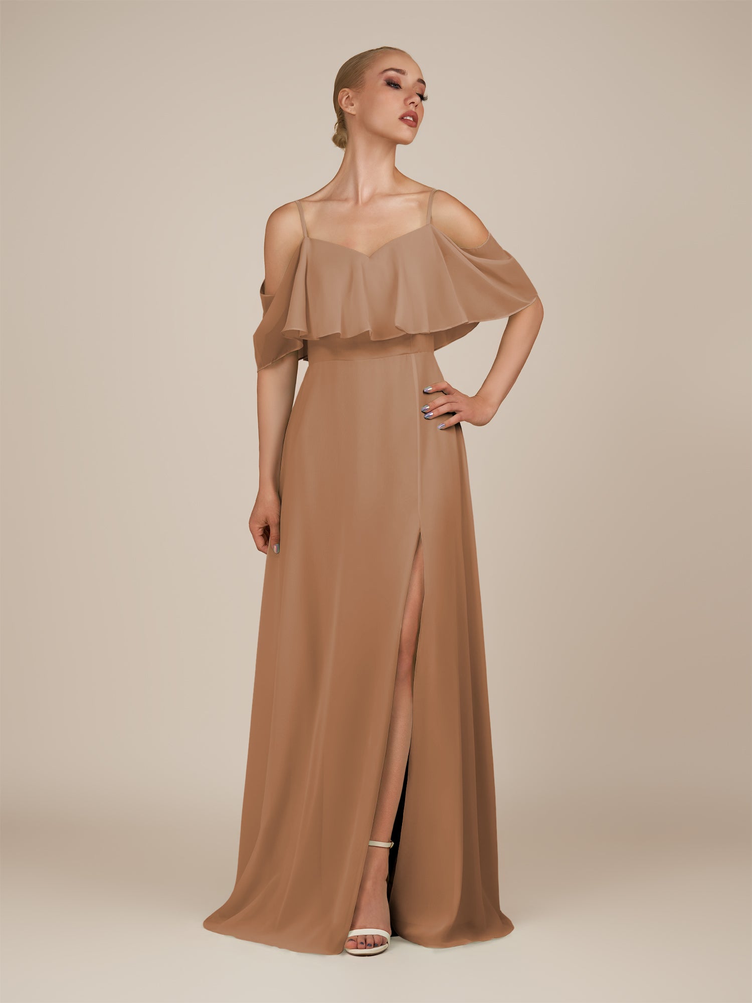 KissDress-Eira Bronzer A Line Chiffon Off the Shoulder Ruffled Overlay Long Bridesmaid Dress with Slit