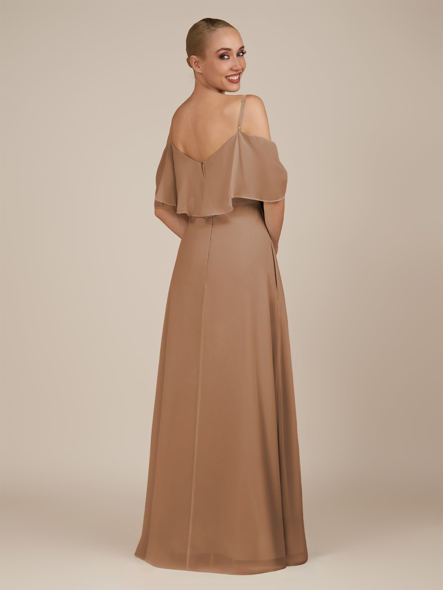 KissDress-Eira Bronzer A Line Chiffon Off the Shoulder Ruffled Overlay Long Bridesmaid Dress with Slit