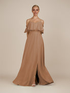 KissDress-Eira Bronzer A Line Chiffon Off the Shoulder Ruffled Overlay Long Bridesmaid Dress with Slit